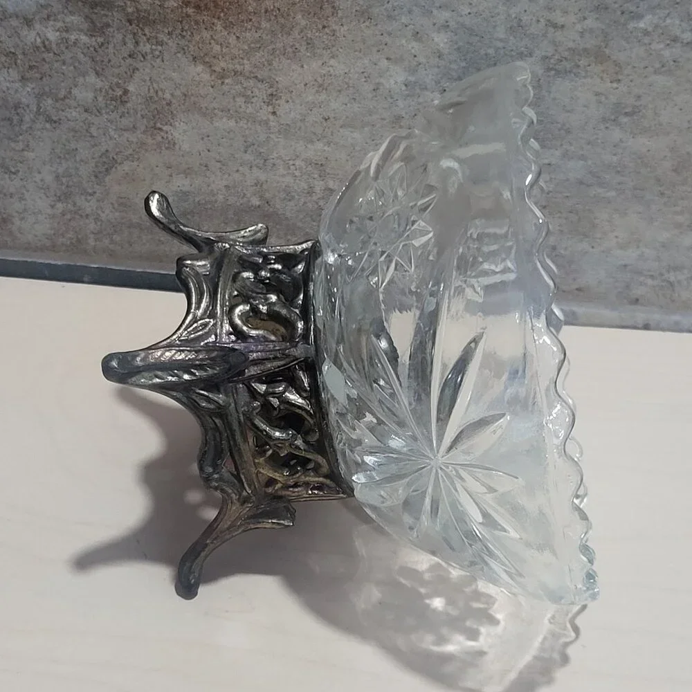 Vintage Clear Glass Compote Dish Metal Base Stand